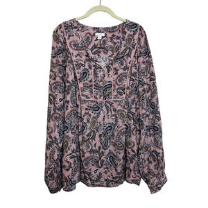 J Jill Womens Peasant Blouse Large Pink Paisley Long Sleeve V-Neck Boho